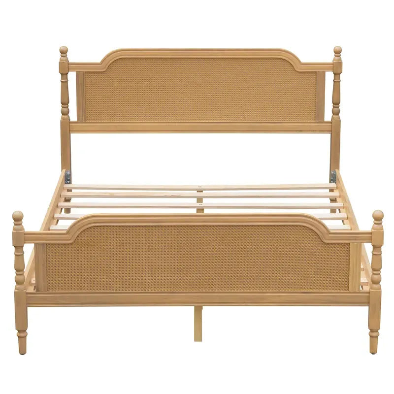 Traditional Style Rattan Queen Size Bed Frame,No Box Spring Needed