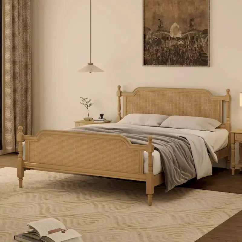 Traditional Style Rattan Queen Size Bed Frame,No Box Spring Needed