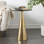Aluminum Metal Geometric Cone Side End Accent Table with Textured Glass Tabletop - Black or Gold - Roche River Decor