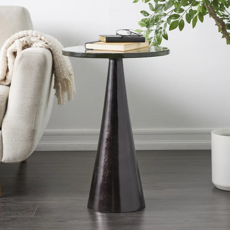 Aluminum Metal Geometric Cone Side End Accent Table with Textured Glass Tabletop - Black or Gold - Roche River Decor